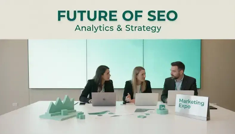 SEO professionals collaborating at a conference with laptops and mobile devices