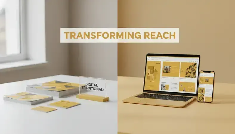 Split-screen comparison showing traditional marketing materials like brochures and business cards on one side, and digital devices displaying online ads and social media on the other