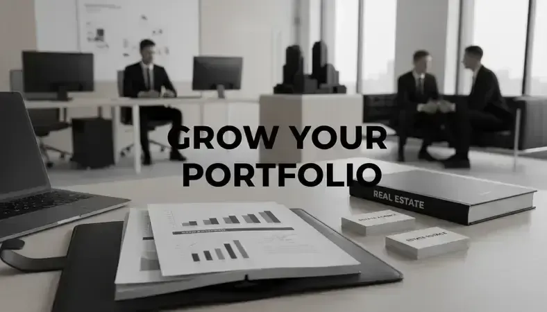 Modern real estate office with agents working at computers and meeting with clients