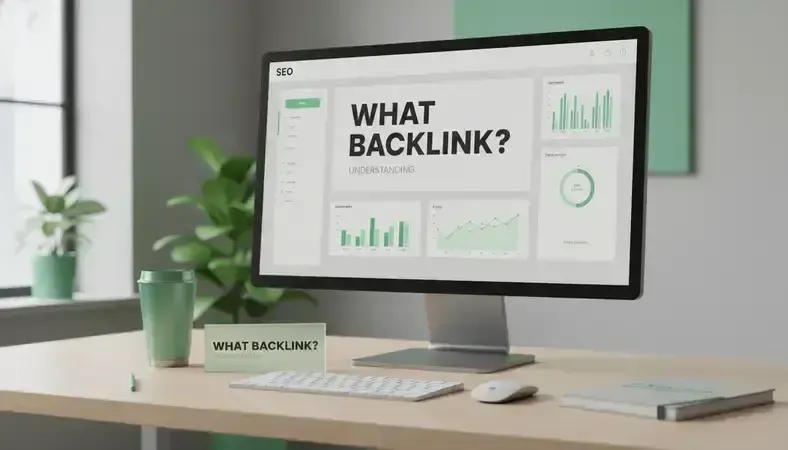 Professional workspace showing SEO analytics dashboard with backlink metrics and graphs
