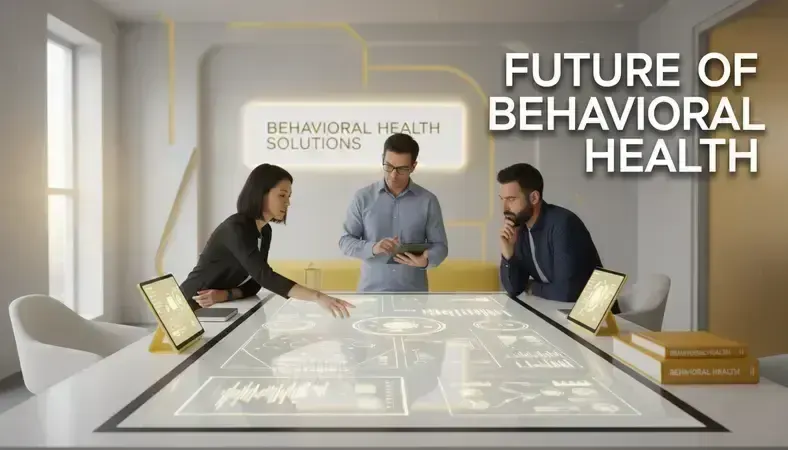 Professional healthcare team discussing behavioral health marketing strategy in modern office setting