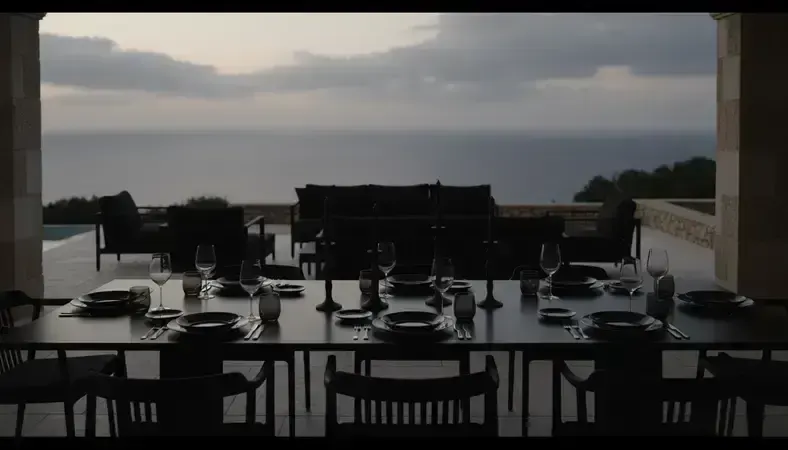 Elegant outdoor dining area of luxury Ibiza villa with professional table setting and Mediterranean views