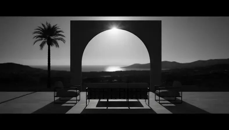 Spectacular sunset view from luxury Ibiza villa terrace with elegant outdoor furniture and Mediterranean landscape