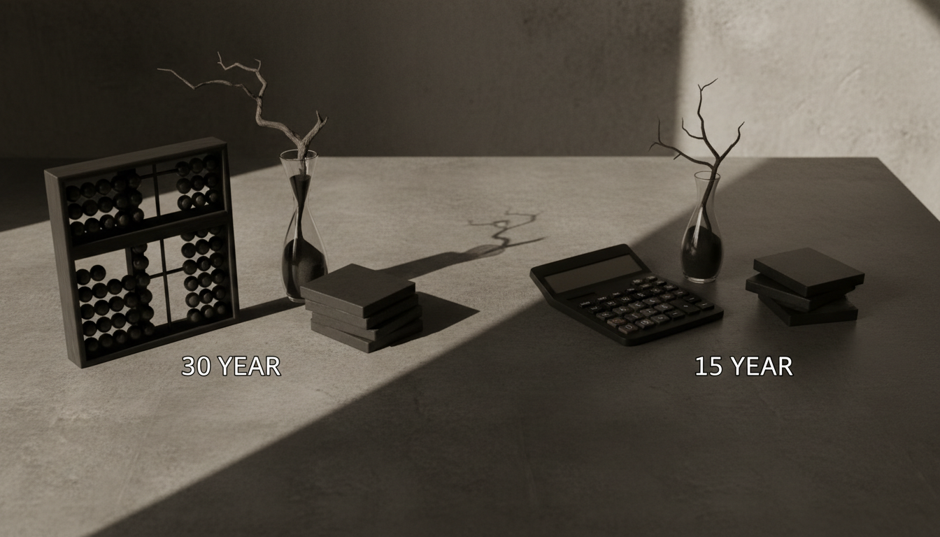 Split-screen comparison showing 30-year vs 15-year mortgage payment calculators on a modern desk
