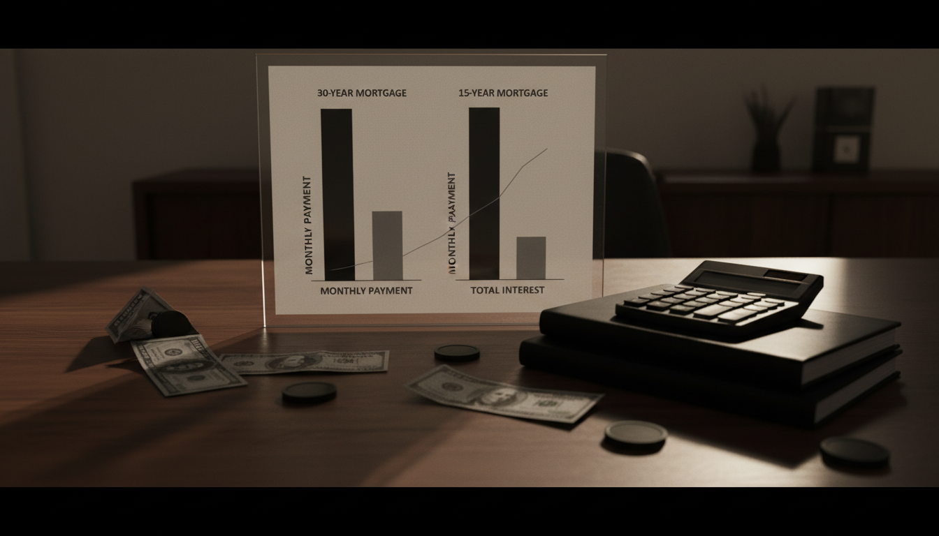 Side-by-side bar chart showing monthly payments and total interest costs for 30-year vs 15-year mortgages