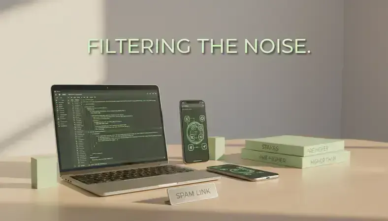 Digital illustration showing various types of spam links being filtered out by search engine algorithms