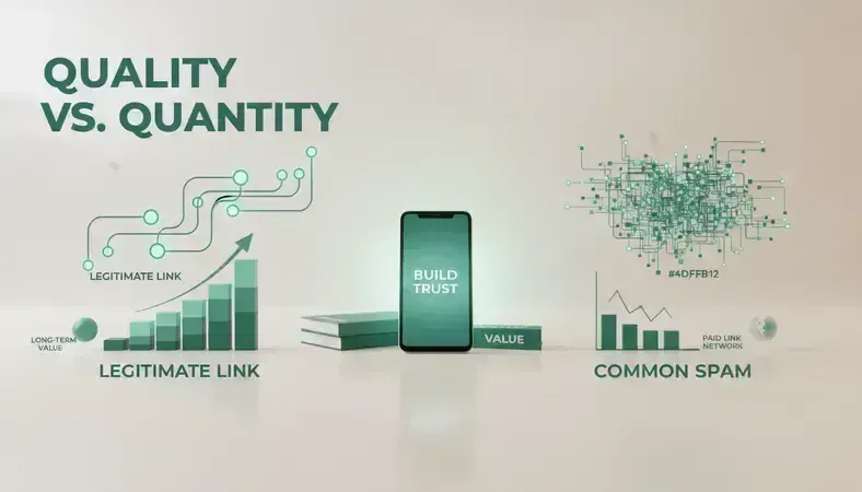 Side-by-side comparison showing legitimate link building versus paid link network schemes