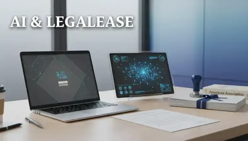 Professional notary workspace with computer showing login screen and official documents