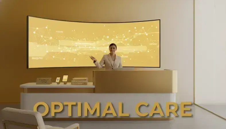 Treatment center reception area with welcoming staff and modern digital displays