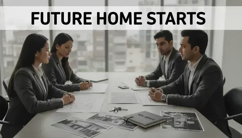 Professional real estate agents discussing property options with clients in a modern Kathmandu office setting