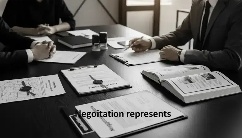 Real estate agent showing property documents and maps to clients in a professional consultation setting