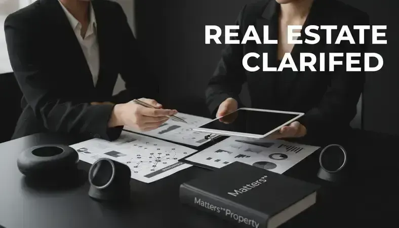 Professional real estate agent explaining documents and market analysis to dispel common client misconceptions