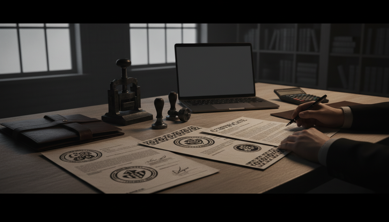 Professional reviewing mortgage documents with calculator and laptop