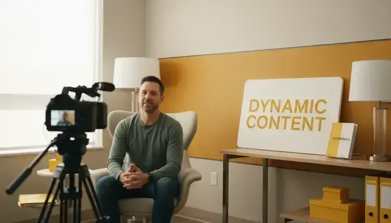 Professional video recording setup in a modern addiction treatment center showing authentic patient testimonial being filmed