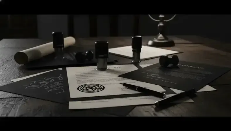 Estate planning documents including trust and will papers on a wooden desk with a pen