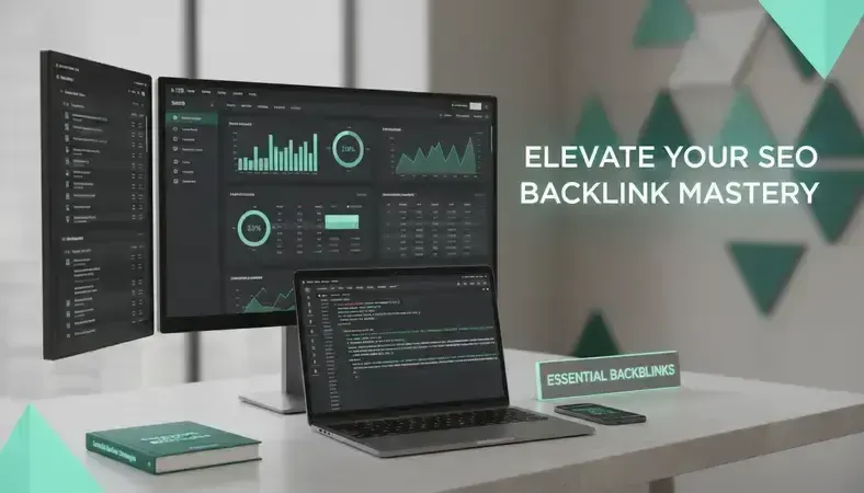 Professional workspace with multiple monitors displaying SEO analytics dashboards and backlink analysis tools