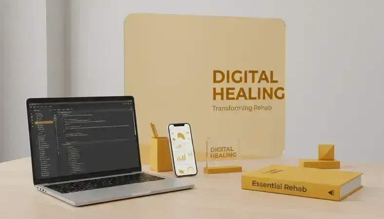 Professional branding workspace with design tools and addiction treatment center materials