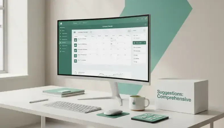 Content calendar interface showing planned blog posts, infographics, and video content with publication dates and promotion schedules