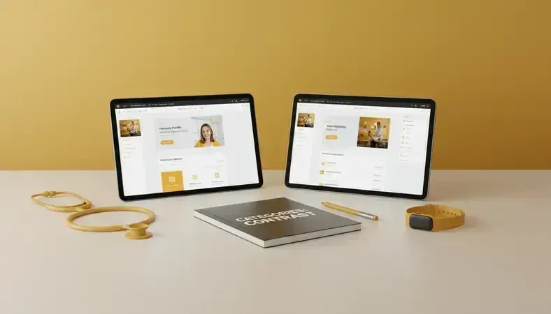 Side-by-side comparison screenshots showing WordPress and Webflow interfaces with healthcare website examples, highlighting key features for addiction treatment centers