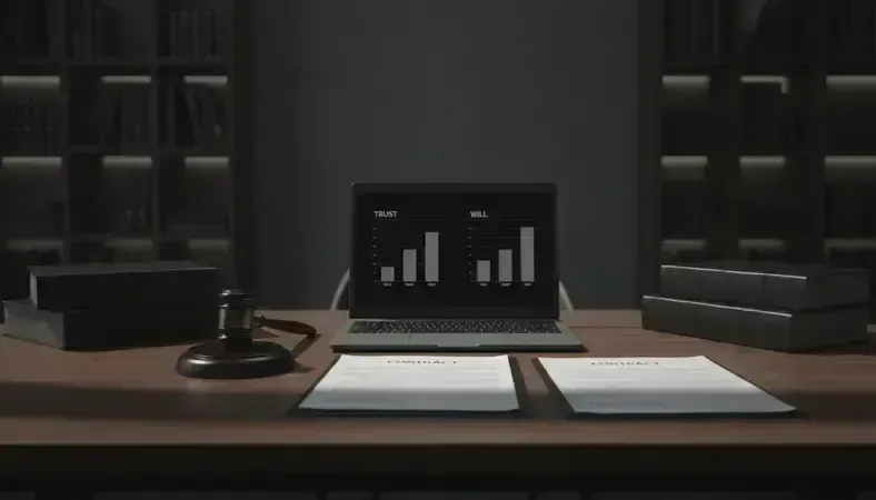Professional estate planning consultation with legal documents and laptop showing trust and will comparison