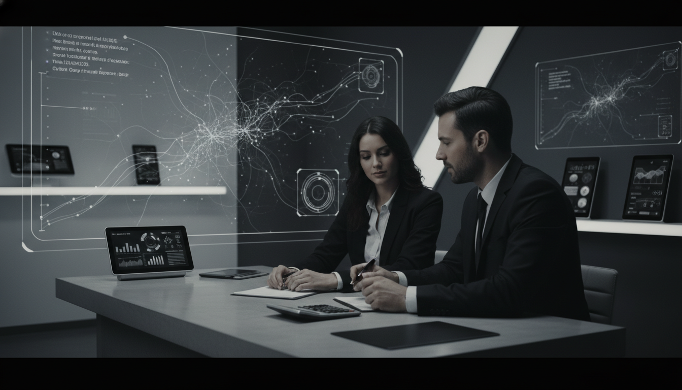 Professional financial advisor explaining loan rates to a young couple at a modern desk with documents and calculator