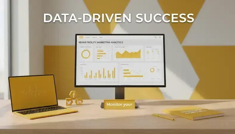 Computer screen displaying content marketing analytics and performance metrics for a rehab facility
