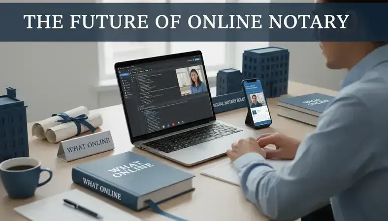 Professional notary working at computer with digital documents and video conference screen