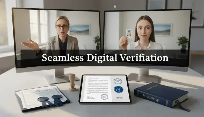 Split screen showing notary and signer during online notarization session with document visible