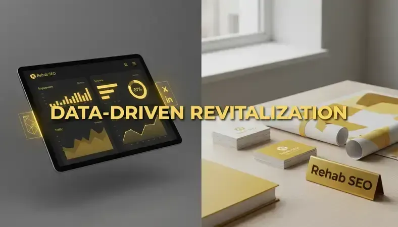 Split-screen comparison showing digital marketing dashboard on one side and traditional marketing materials on the other