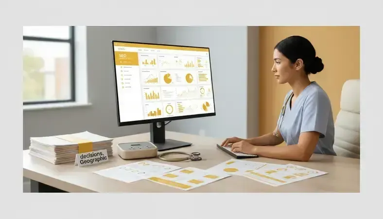Healthcare professional reviewing SEO analytics dashboard with treatment center website performance metrics