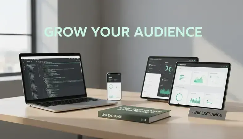 Digital marketing workspace with multiple screens showing SEO tools and analytics dashboards