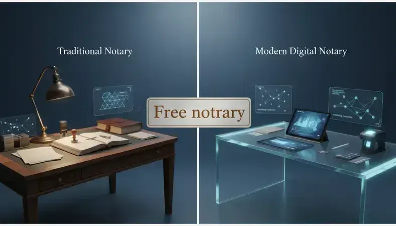 Side-by-side view of traditional notary office and modern digital notary setup