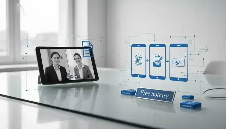 Split screen showing online notary session with notary and client