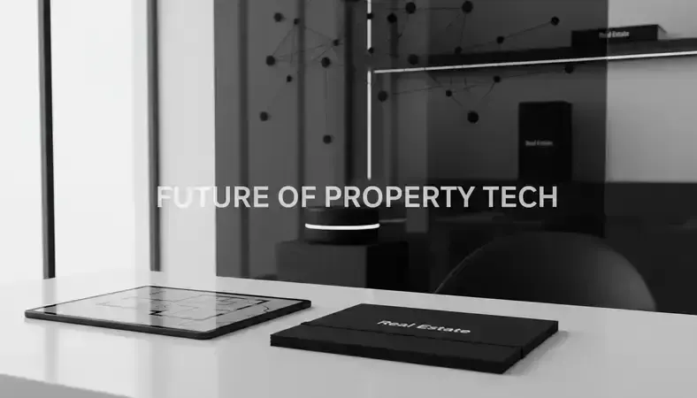 Professional real estate office with marketing materials and digital devices displaying property listings