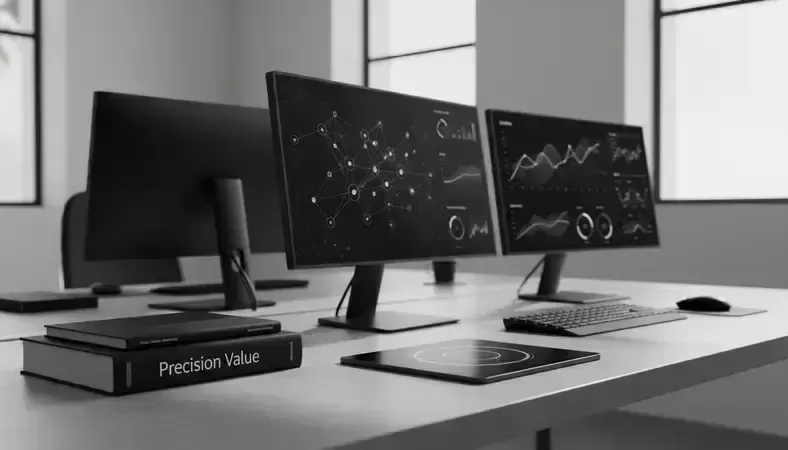 Modern real estate office with multiple screens showing CRM, marketing automation, and analytics dashboards