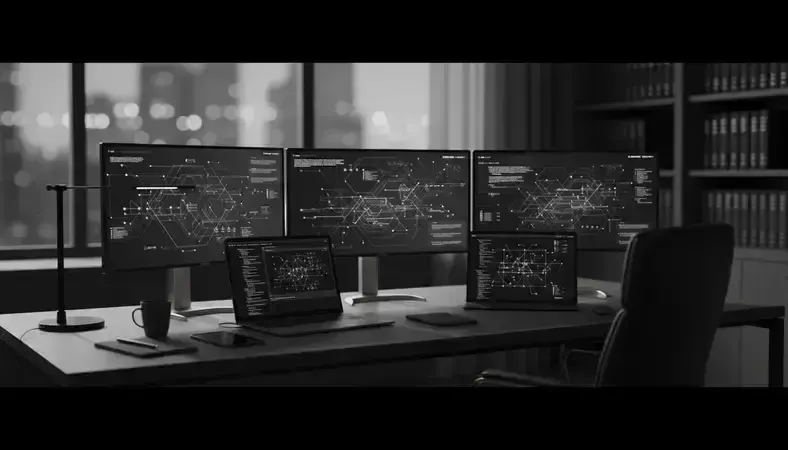 Modern law office setup with multiple monitors showing estate planning software and client management systems