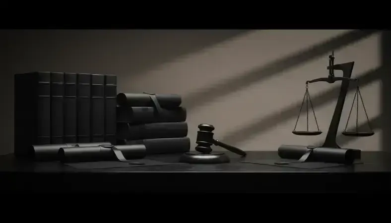 Stack of state-specific legal books and court documents with a gavel and scales of justice