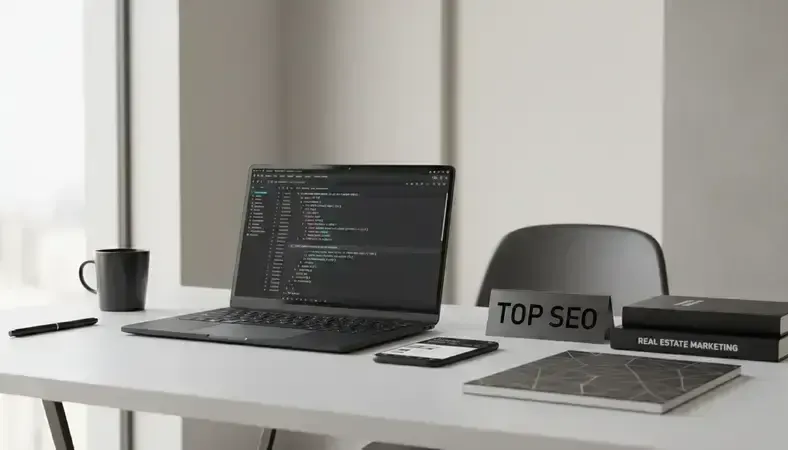 Professional real estate agent using SEO tools on laptop with property listings displayed
