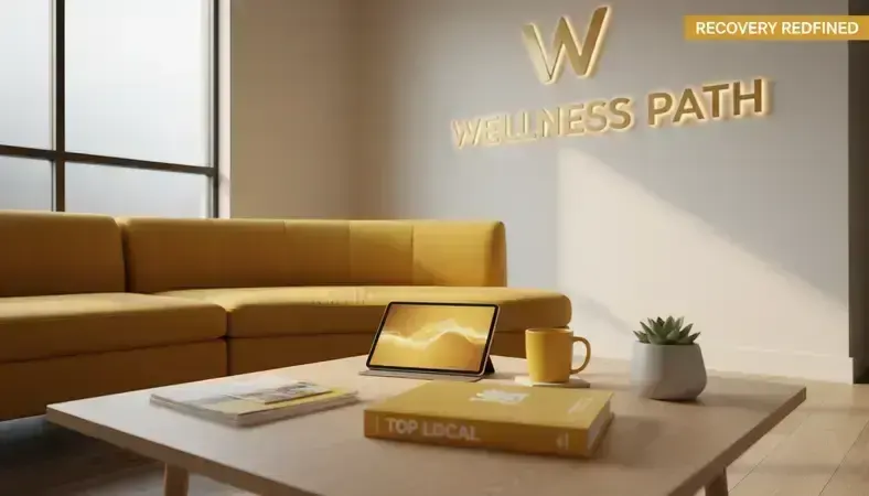 Addiction treatment center reception area with modern design and welcoming atmosphere