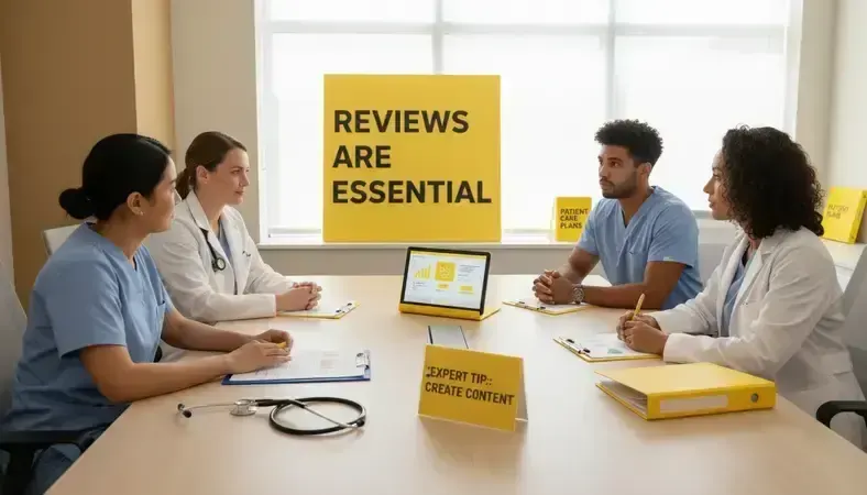 Team meeting in a modern treatment center conference room discussing patient care plans