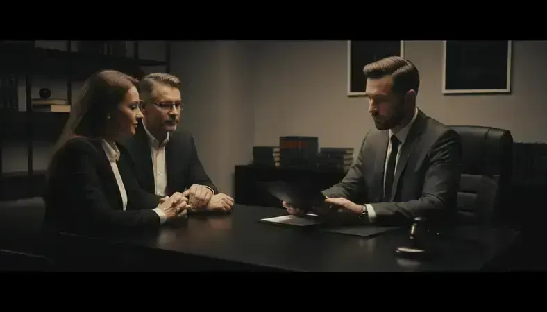 Estate planning attorney reviewing documents with clients in a professional office setting