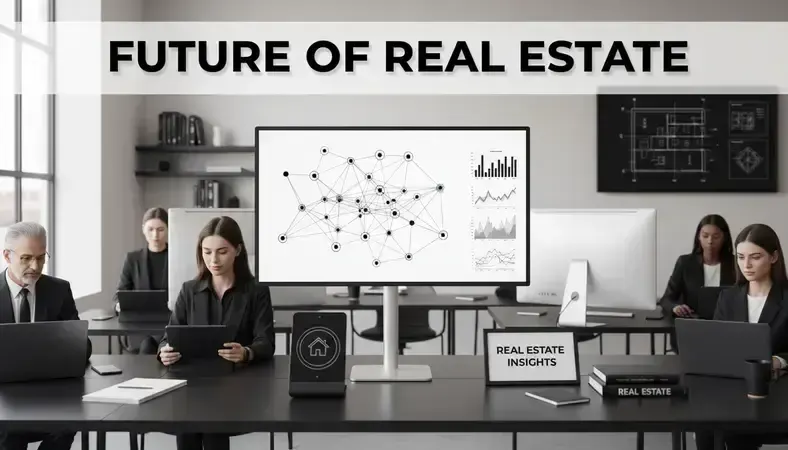 Modern real estate office with agents working on laptops and reviewing property listings on digital screens