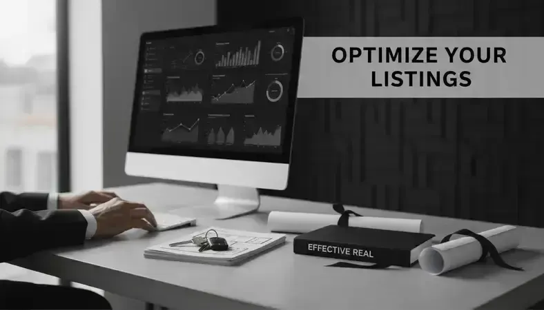Real estate agent reviewing content performance metrics on computer dashboard with graphs and charts