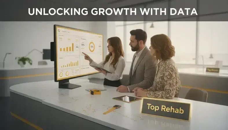 Professional rehab marketing team analyzing Google Ads dashboard with campaign performance metrics