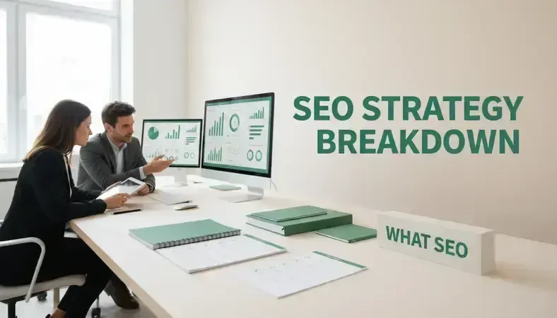 Professional SEO team working on optimization strategies with multiple monitors displaying analytics dashboards