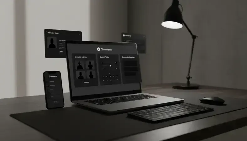 Detailed view of Character AI dashboard showing character library, creation tools, and conversation interface