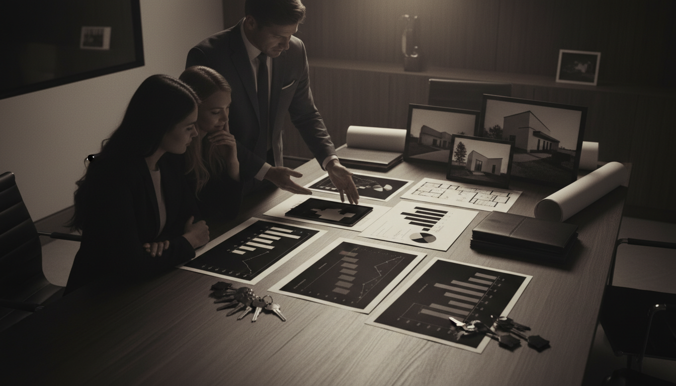 Professional mortgage broker showing rate comparison charts to potential homebuyers