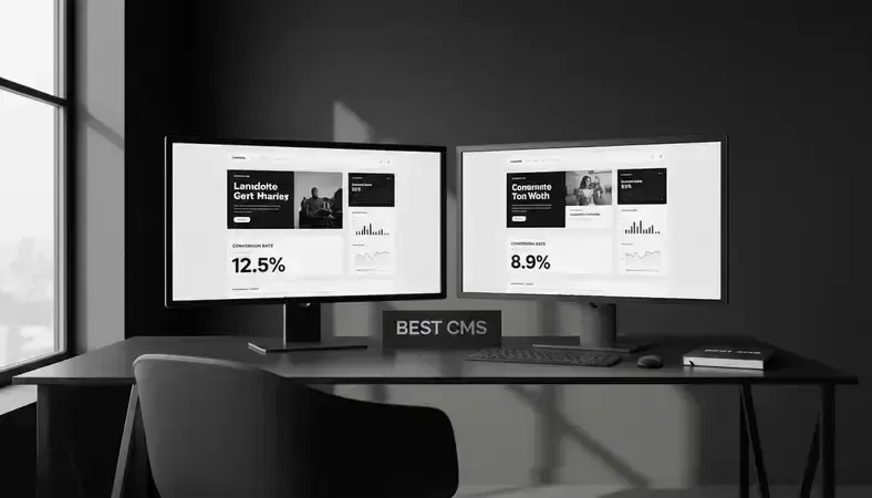 Split-screen comparison showing two landing page designs with analytics dashboards displaying conversion metrics