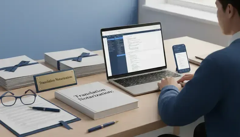 Professional translator working with legal documents and digital notary tools on desk