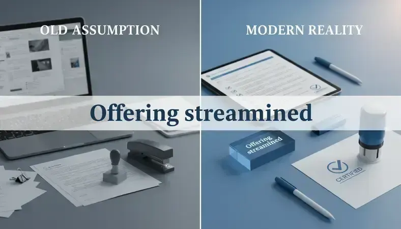 Split screen showing incorrect assumptions vs. professional reality of translation and notarization